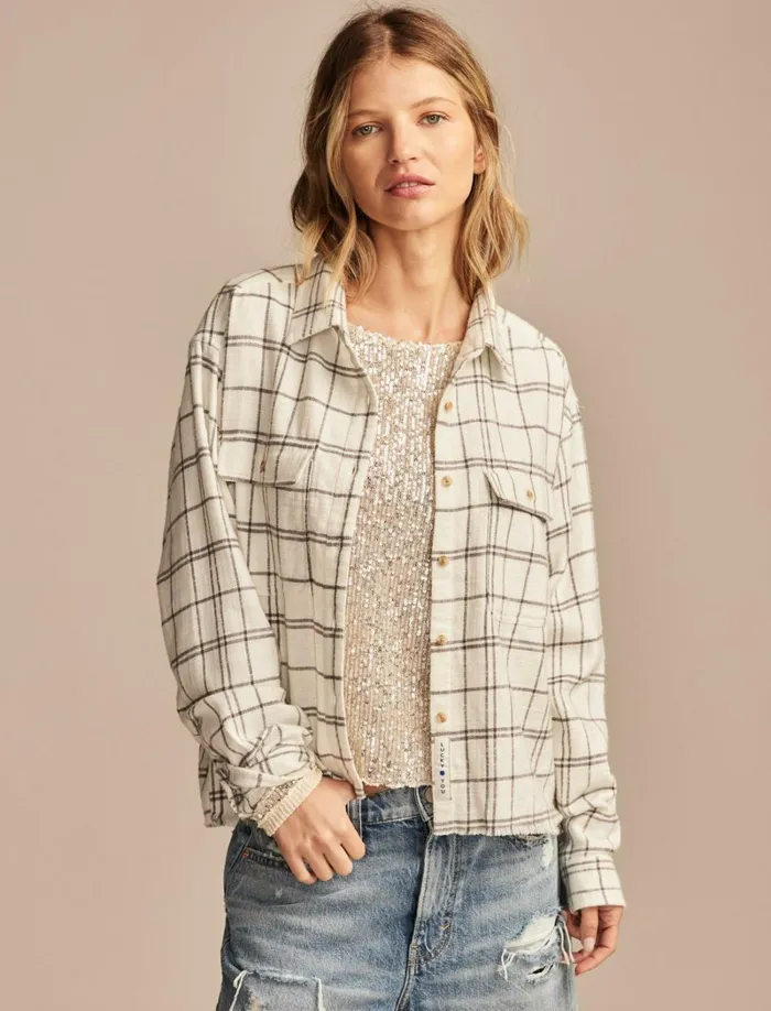 Lucky Brand Blouses Women Raw Edge Cropped Buttondown Shirt Cream Black Plaid