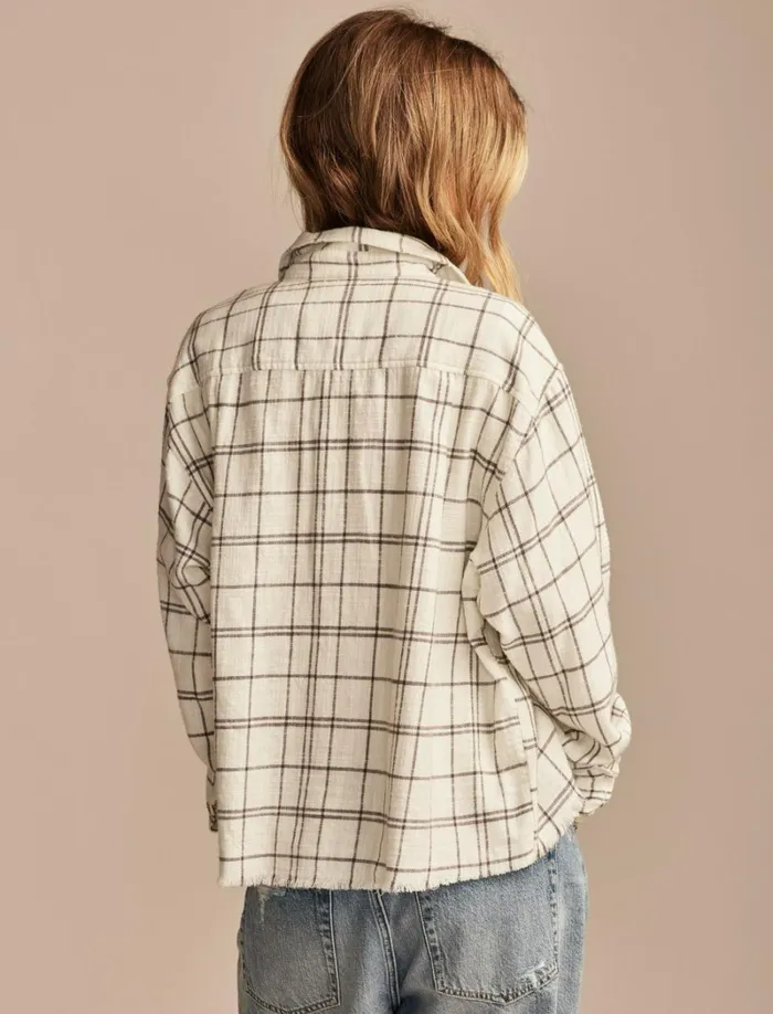 Lucky Brand Blouses Women Raw Edge Cropped Buttondown Shirt Cream Black Plaid