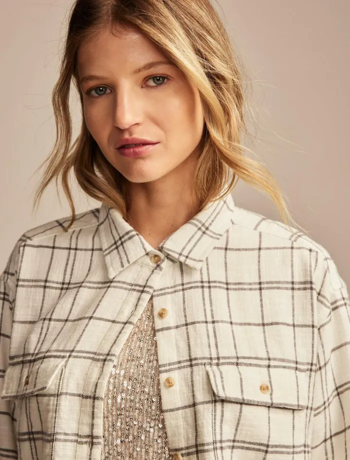 Lucky Brand Blouses Women Raw Edge Cropped Buttondown Shirt Cream Black Plaid