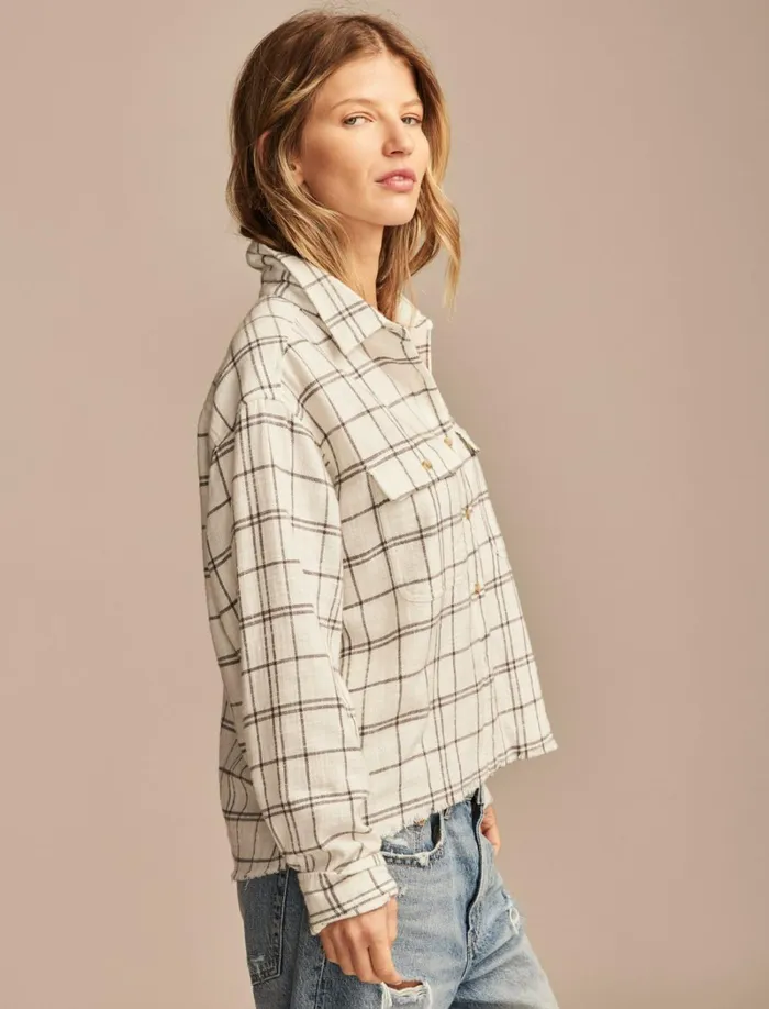 Lucky Brand Blouses Women Raw Edge Cropped Buttondown Shirt Cream Black Plaid