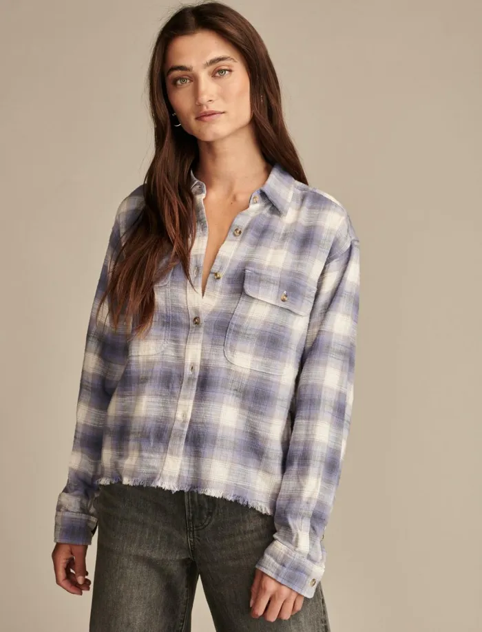Lucky Brand Blouses Women Raw Edge Flannel Cropped Button Down Shirt Lavender Grey Plaid