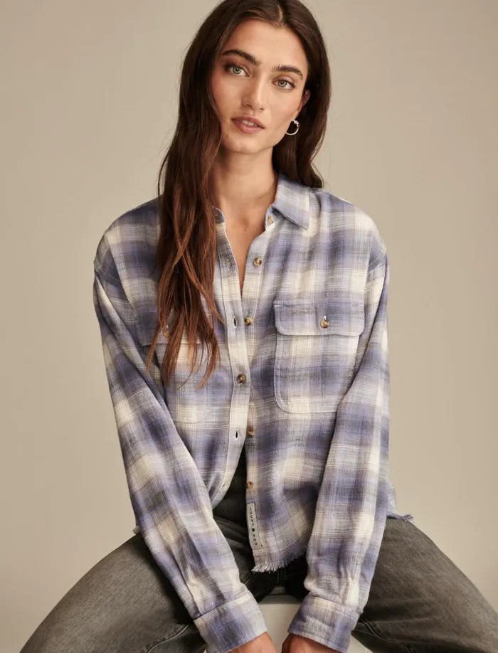 Lucky Brand Blouses Women Raw Edge Flannel Cropped Button Down Shirt Lavender Grey Plaid