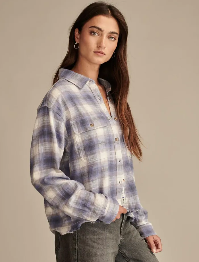 Lucky Brand Blouses Women Raw Edge Flannel Cropped Button Down Shirt Lavender Grey Plaid