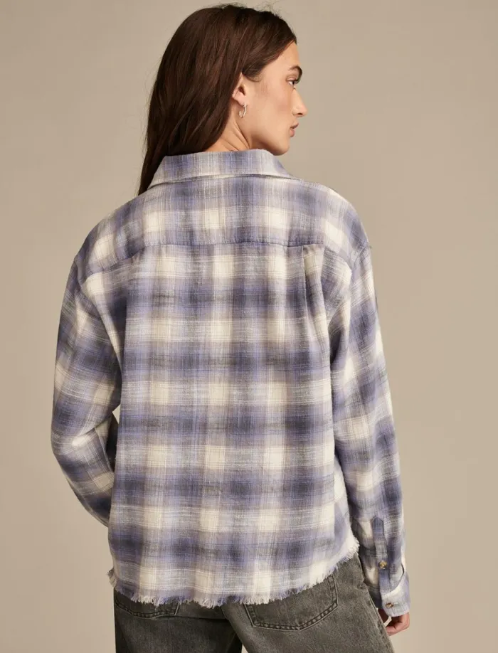 Lucky Brand Blouses Women Raw Edge Flannel Cropped Button Down Shirt Lavender Grey Plaid