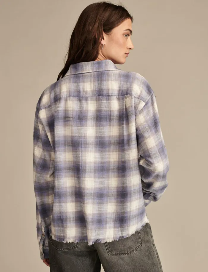 Lucky Brand Blouses Women Raw Edge Flannel Cropped Button Down Shirt Lavender Grey Plaid