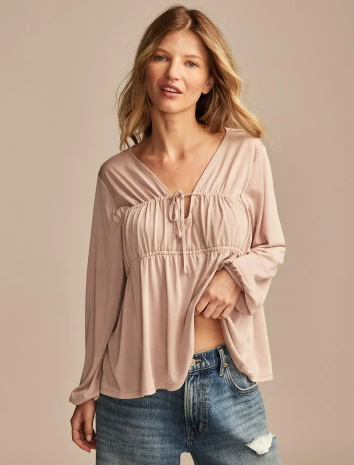 Lucky Brand Blouses Women Shirred Tie Front Sandwash Top Rose Dust