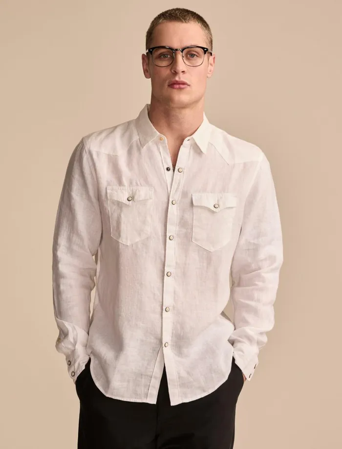 Lucky Brand ButtonDowns Men Linen Masa Western Long Sleeve Shirt Bright White
