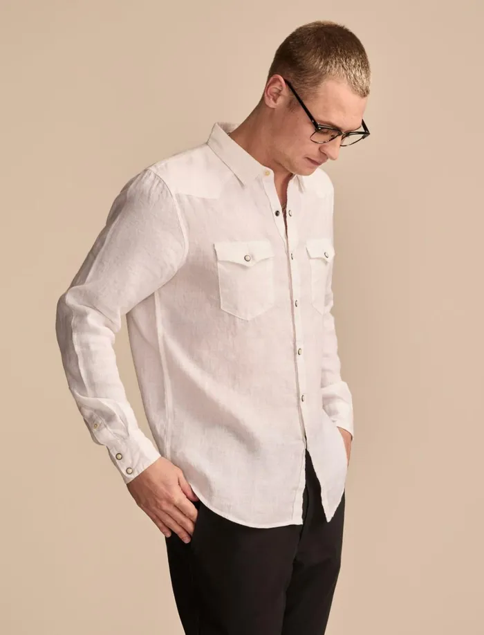 Lucky Brand ButtonDowns Men Linen Masa Western Long Sleeve Shirt Bright White