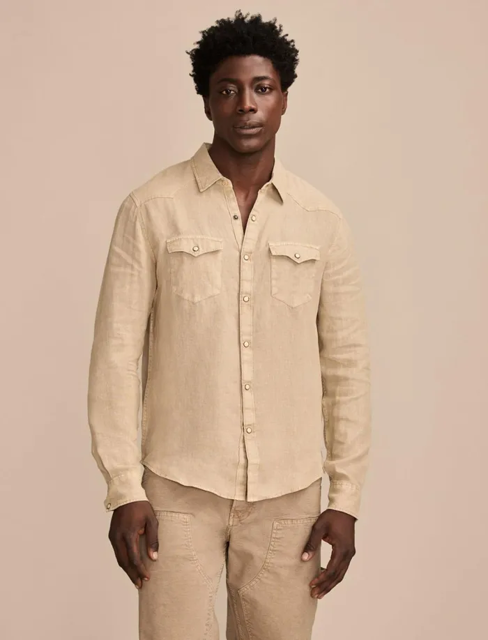 Lucky Brand ButtonDowns Men Linen Masa Western Long Sleeve Shirt Vintage Khaki