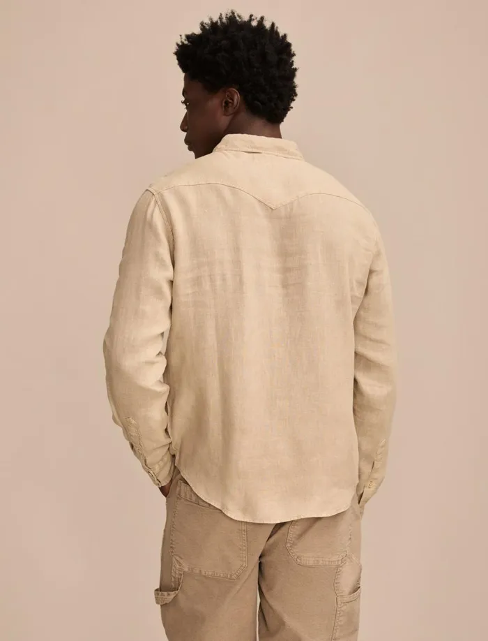 Lucky Brand ButtonDowns Men Linen Masa Western Long Sleeve Shirt Vintage Khaki