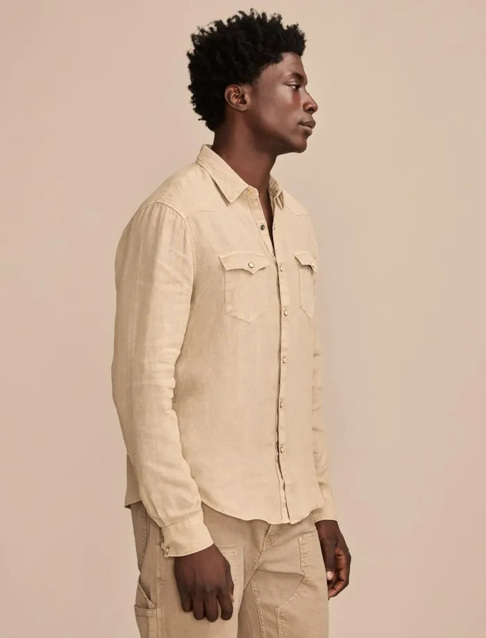 Lucky Brand ButtonDowns Men Linen Masa Western Long Sleeve Shirt Vintage Khaki