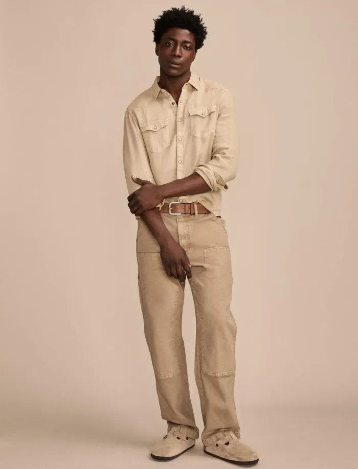 Lucky Brand ButtonDowns Men Linen Masa Western Long Sleeve Shirt Vintage Khaki