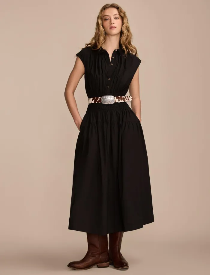 Lucky Brand Dresses Women Solid Smocked Dropped Waist Midi Dress Caviar