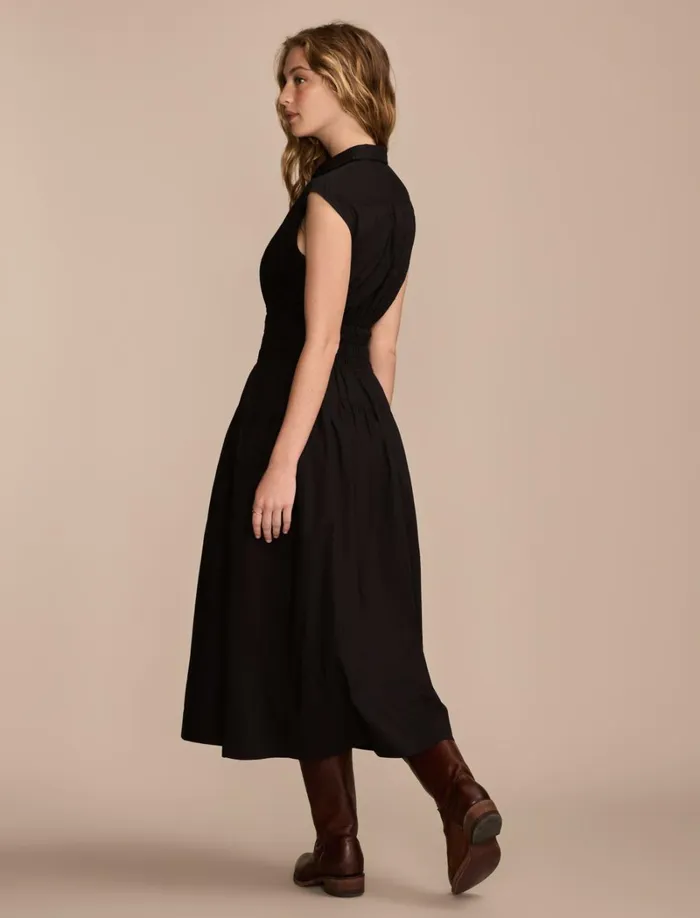 Lucky Brand Dresses Women Solid Smocked Dropped Waist Midi Dress Caviar