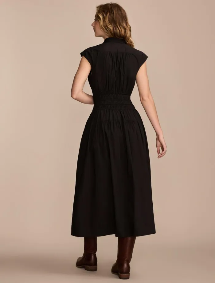 Lucky Brand Dresses Women Solid Smocked Dropped Waist Midi Dress Caviar