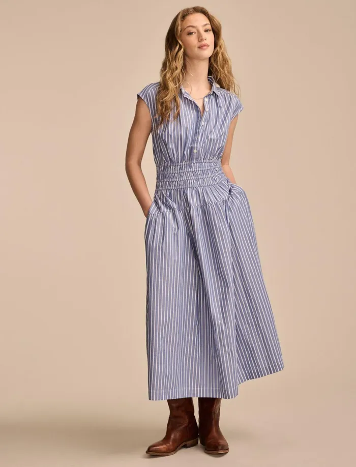 Lucky Brand Dresses Women Stripe Smocked Dropped Waist Midi Dress Blue Stripe