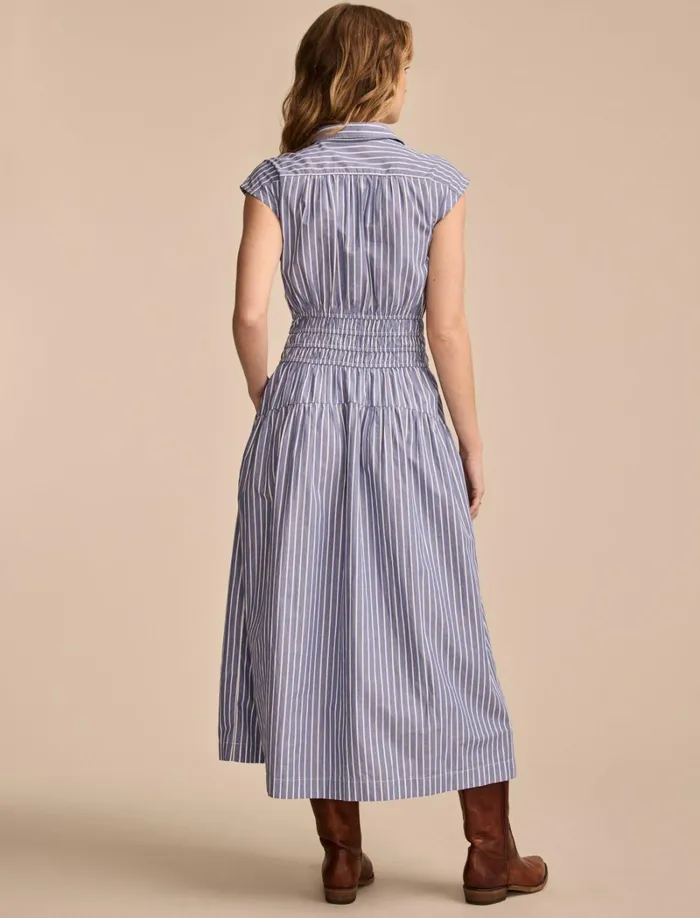 Lucky Brand Dresses Women Stripe Smocked Dropped Waist Midi Dress Blue Stripe