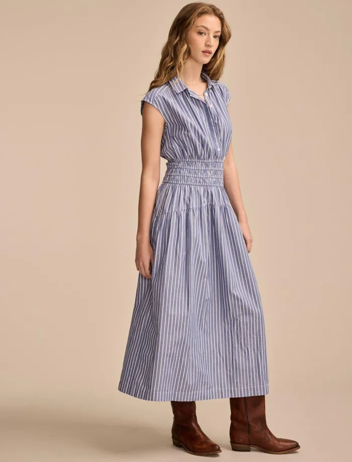 Lucky Brand Dresses Women Stripe Smocked Dropped Waist Midi Dress Blue Stripe