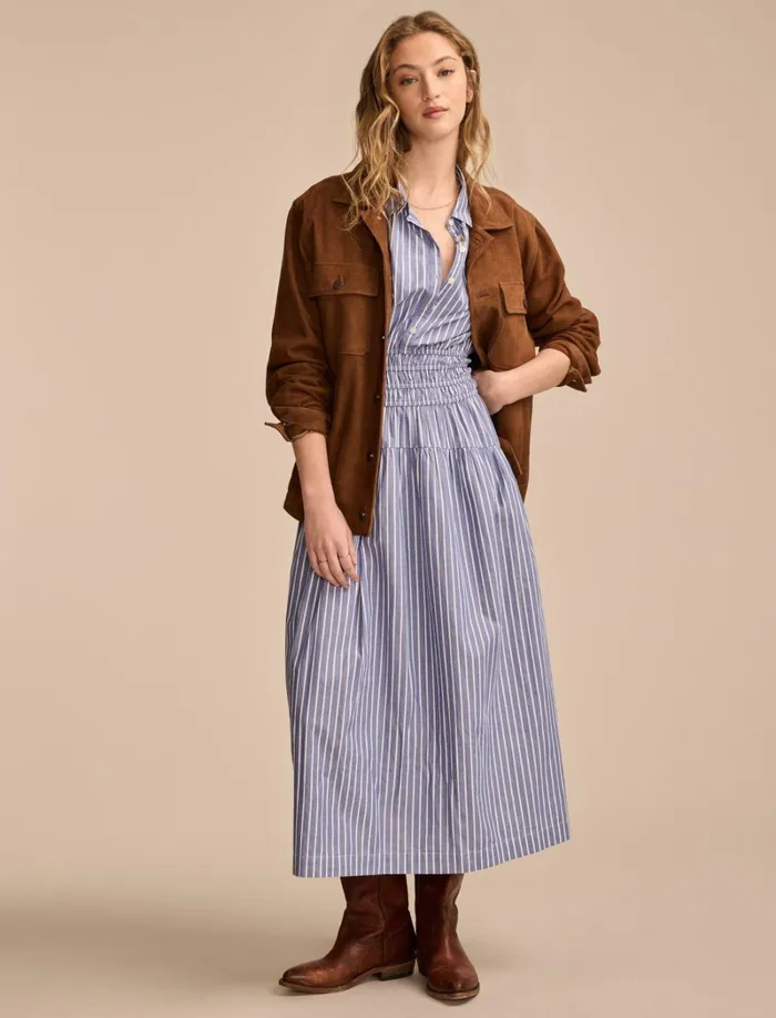 Lucky Brand Dresses Women Stripe Smocked Dropped Waist Midi Dress Blue Stripe