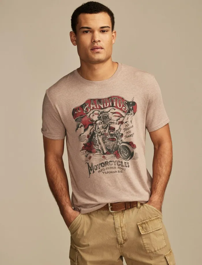 Lucky Brand Graphic Tees Men Banditos Motorcycles Walnut