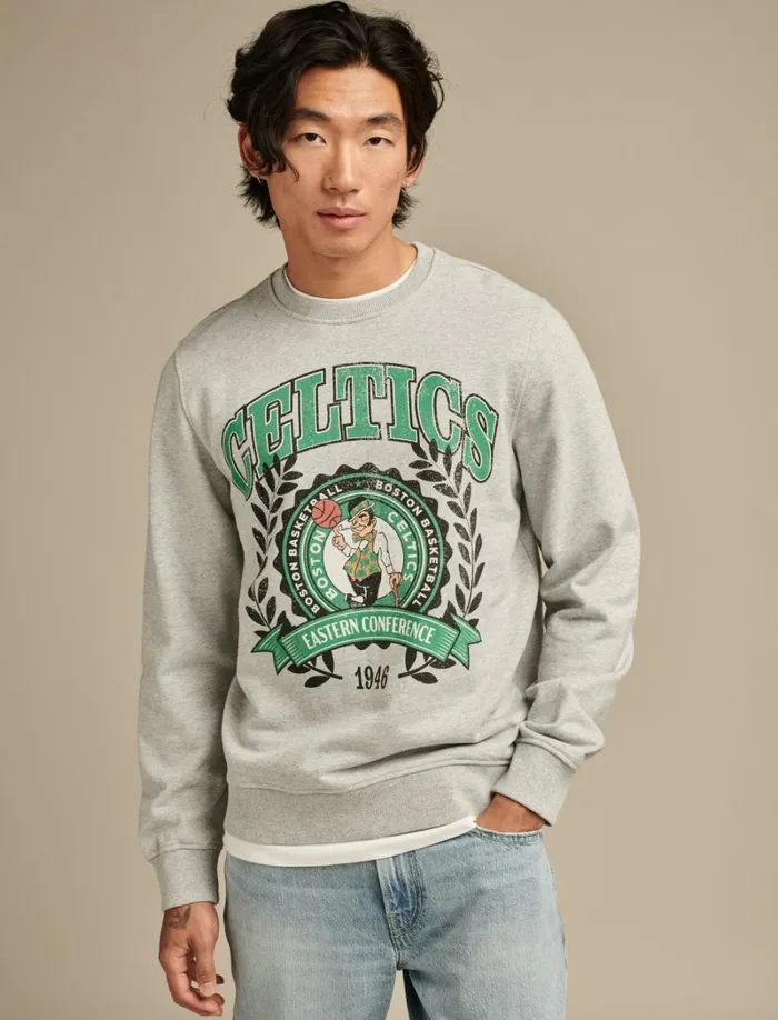 Lucky Brand Graphic Tees Men Celtics Crew Neck Sweatshirt Heather Greyyellow
