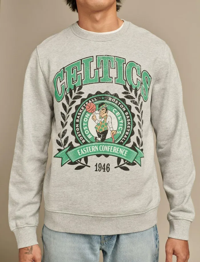 Lucky Brand Graphic Tees Men Celtics Crew Neck Sweatshirt Heather Greyyellow