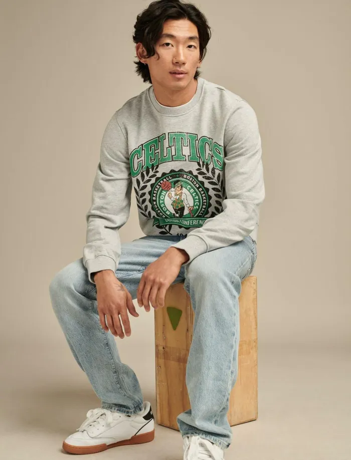 Lucky Brand Graphic Tees Men Celtics Crew Neck Sweatshirt Heather Greyyellow