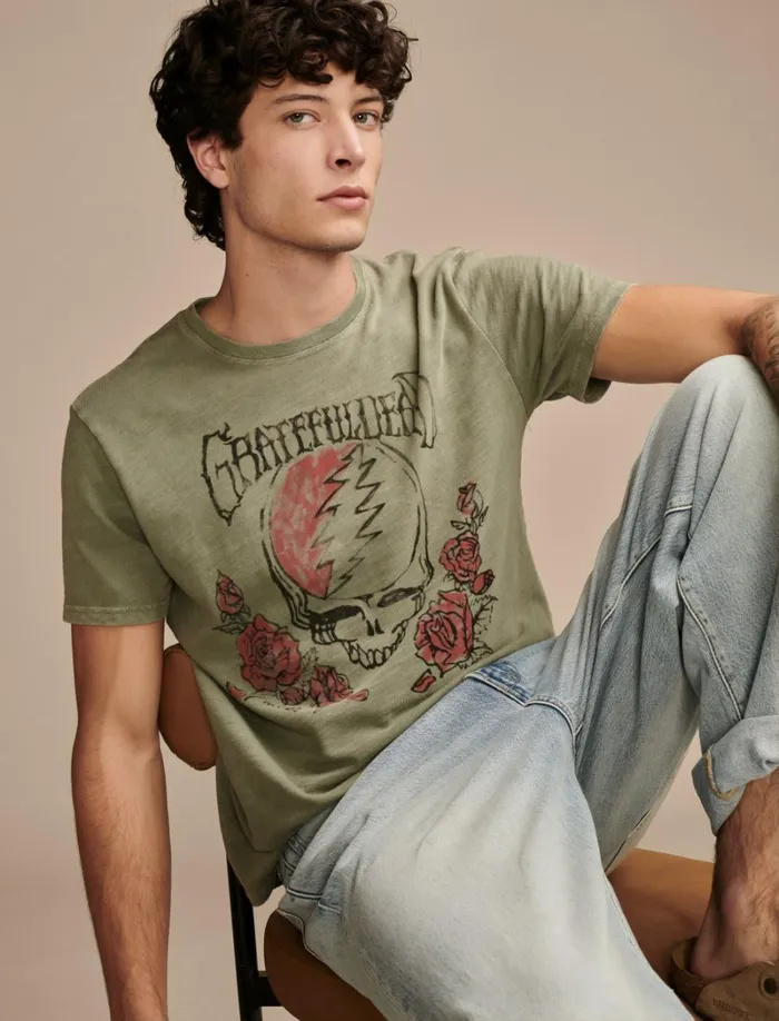 Lucky Brand Graphic Tees Men Grateful Dead Rose Oil Green