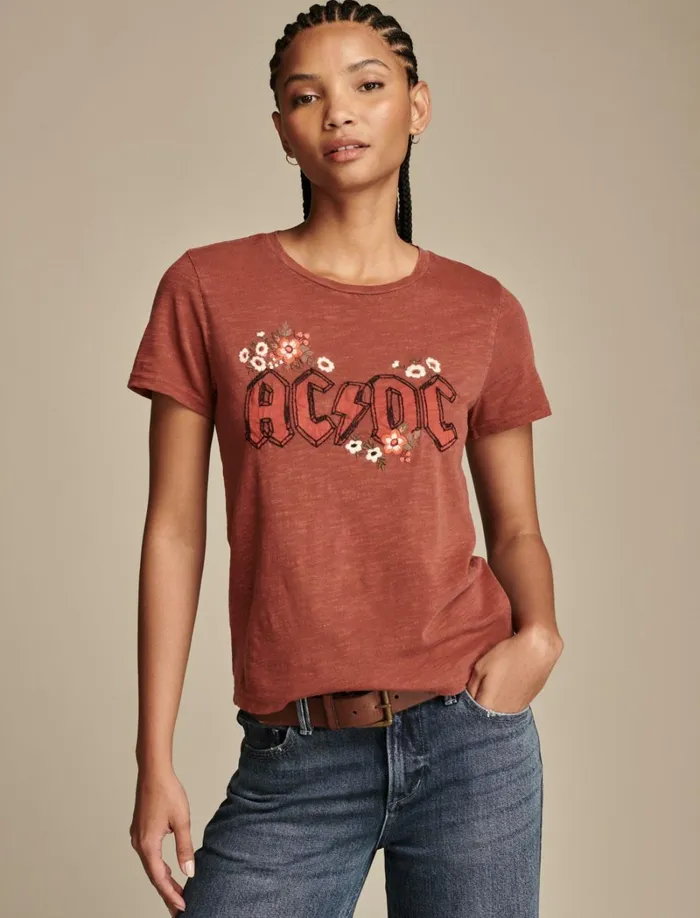 Lucky Brand Graphic Tees Women Acdc High Voltage Floral Classic Crew Cinnabar