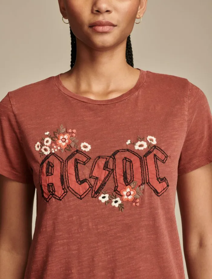 Lucky Brand Graphic Tees Women Acdc High Voltage Floral Classic Crew Cinnabar