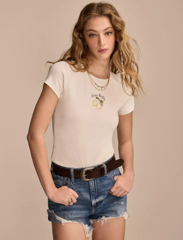 Lucky Brand Graphic Tees Women Embroidered Baby Tee Tofu