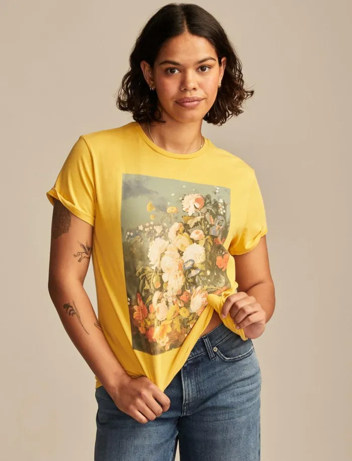 Lucky Brand Graphic Tees Women Floral Still Life Boyfriend Tee Spicy Mustard