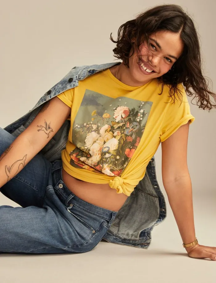 Lucky Brand Graphic Tees Women Floral Still Life Boyfriend Tee Spicy Mustard