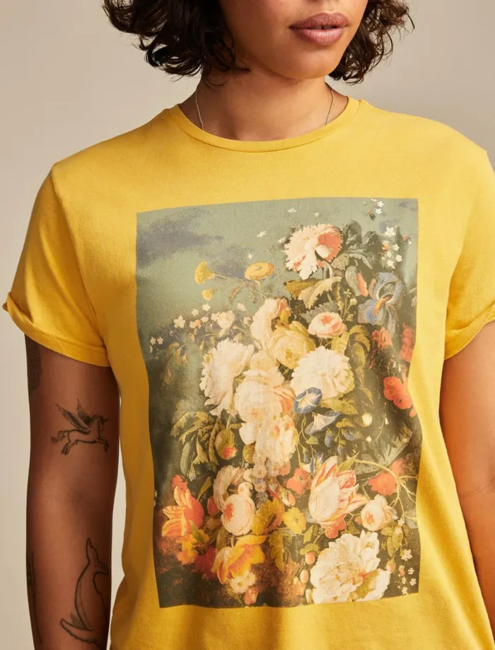 Lucky Brand Graphic Tees Women Floral Still Life Boyfriend Tee Spicy Mustard
