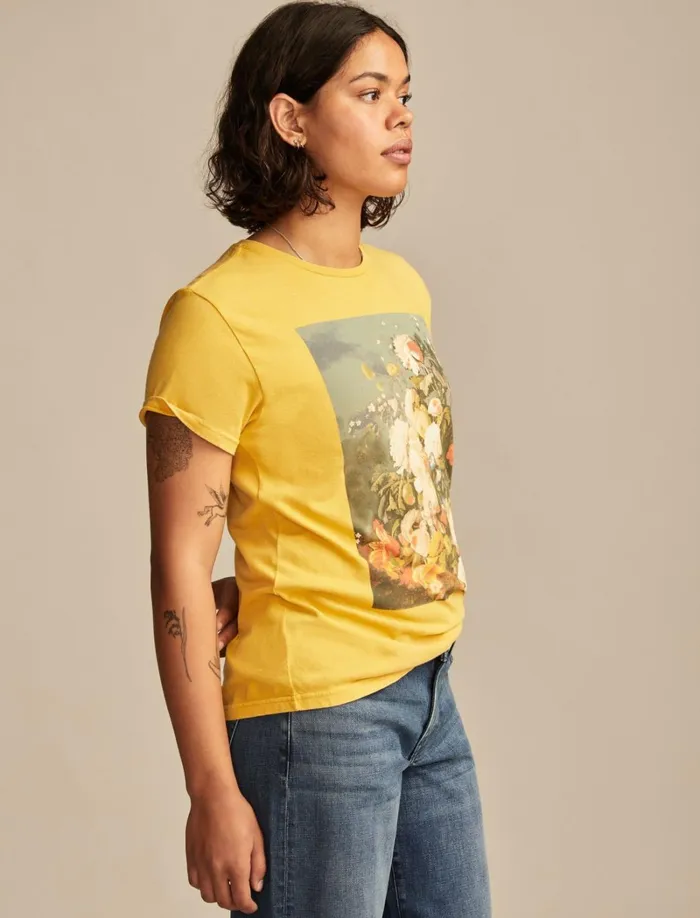 Lucky Brand Graphic Tees Women Floral Still Life Boyfriend Tee Spicy Mustard