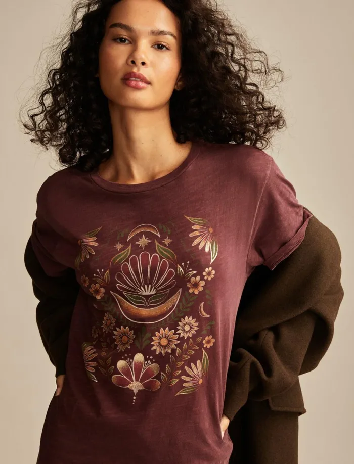 Lucky Brand Graphic Tees Women Geometric Mirror Floral Boyfriend Tee Decadent Chocolate