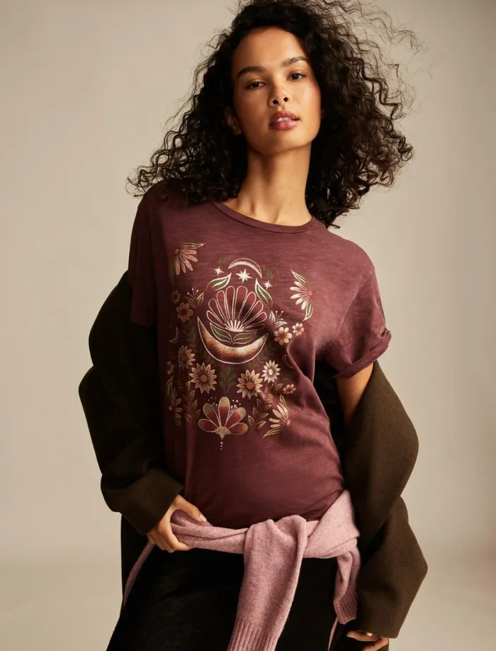 Lucky Brand Graphic Tees Women Geometric Mirror Floral Boyfriend Tee Decadent Chocolate