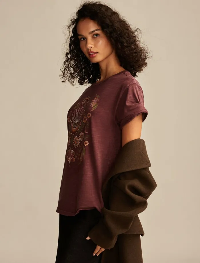 Lucky Brand Graphic Tees Women Geometric Mirror Floral Boyfriend Tee Decadent Chocolate