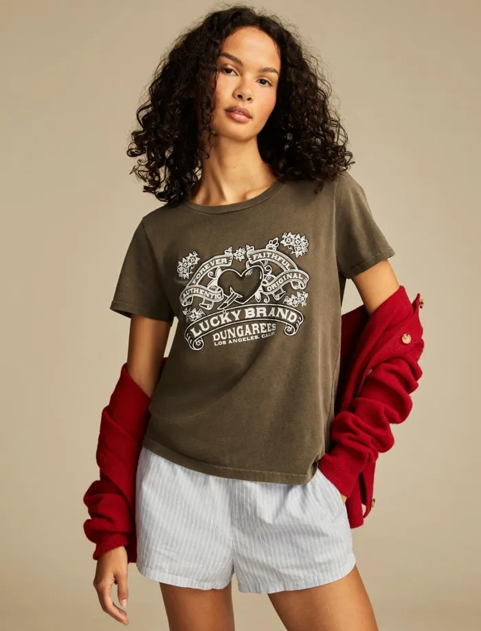 Lucky Brand Graphic Tees Women Lucky Forever Faithful Classic Crew Black Olive