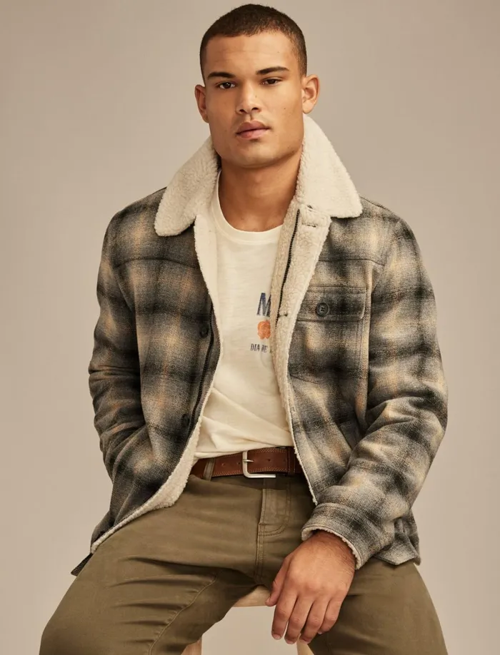 Lucky Brand Jackets and Outerwear Men Plaid Faux Shearling Lined Trucker Jacket Grey Plaid