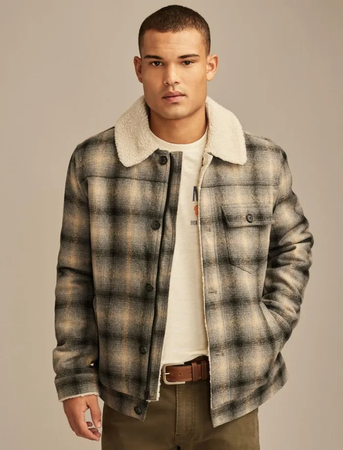 Lucky Brand Jackets and Outerwear Men Plaid Faux Shearling Lined Trucker Jacket Grey Plaid