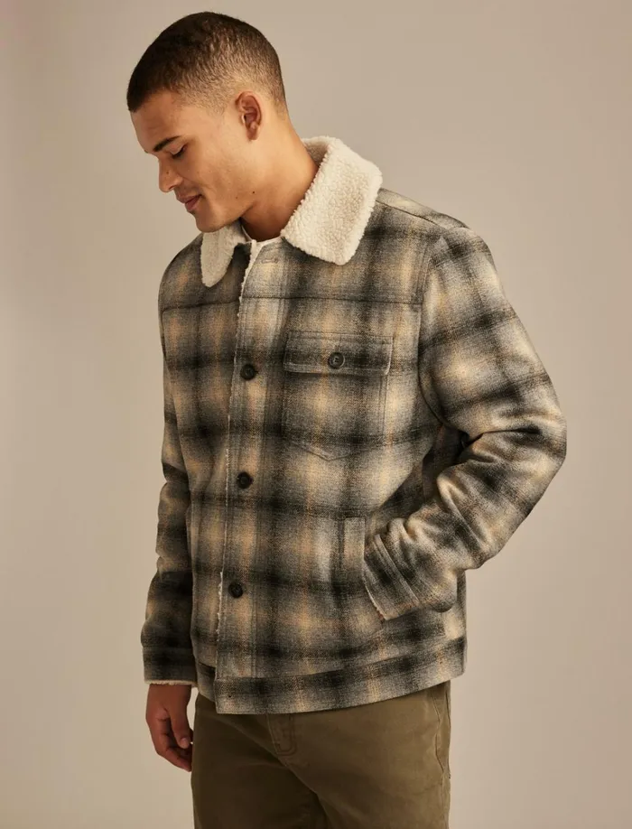 Lucky Brand Jackets and Outerwear Men Plaid Faux Shearling Lined Trucker Jacket Grey Plaid