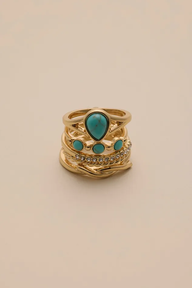 Lucky Brand Jewelry Women Green Stone High Shine Ring Set Gold