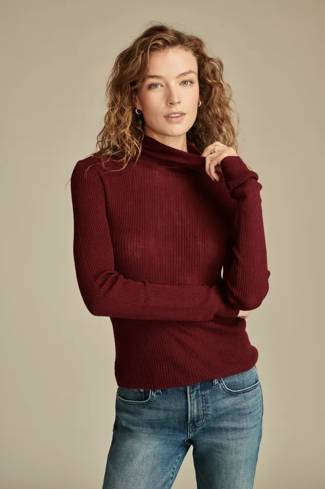 Lucky Brand Knit Tops Women Ribbed Turtleneck Maroon Banner