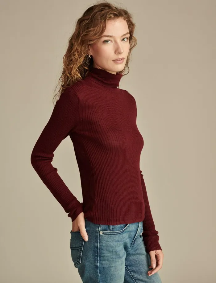 Lucky Brand Knit Tops Women Ribbed Turtleneck Maroon Banner