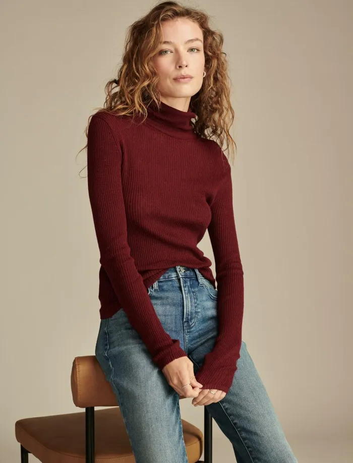 Lucky Brand Knit Tops Women Ribbed Turtleneck Maroon Banner