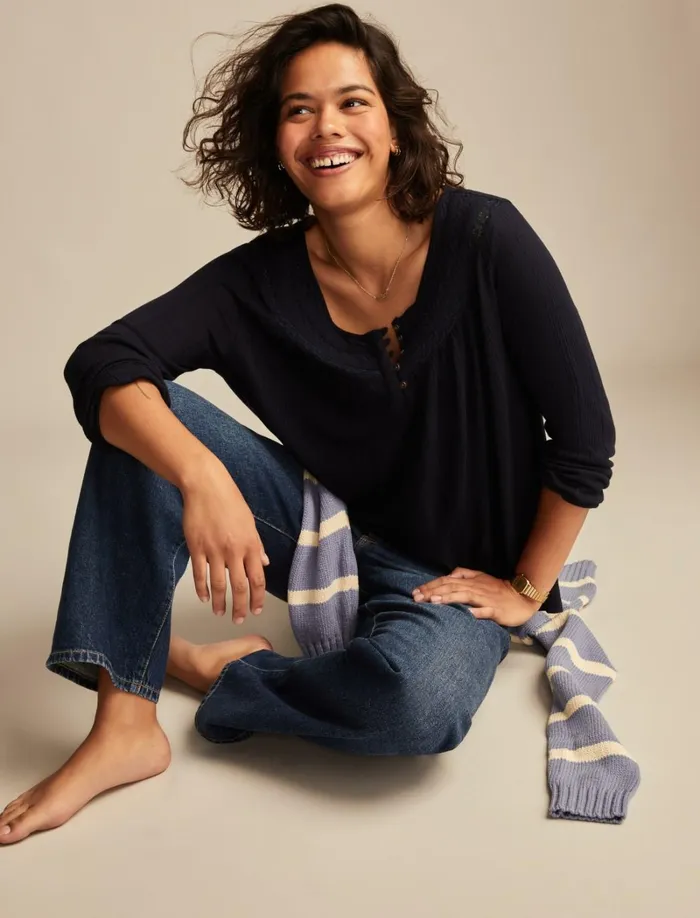 Lucky Brand Knit Tops Women Smocked Lace Yoke Henley Dress Blues