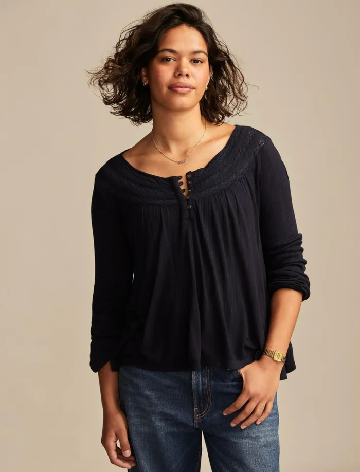 Lucky Brand Knit Tops Women Smocked Lace Yoke Henley Dress Blues