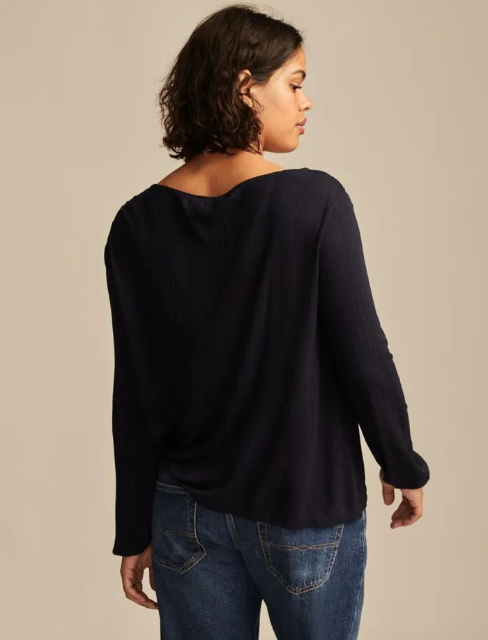 Lucky Brand Knit Tops Women Smocked Lace Yoke Henley Dress Blues