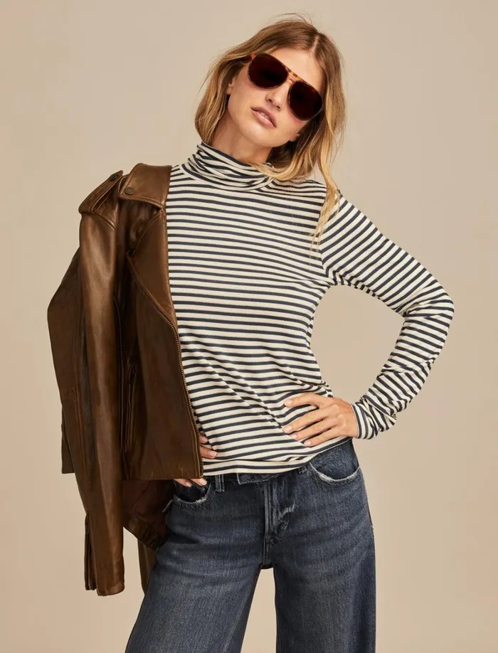 Lucky Brand Knit Tops Women Turtleneck Layering Top Navy Stripe